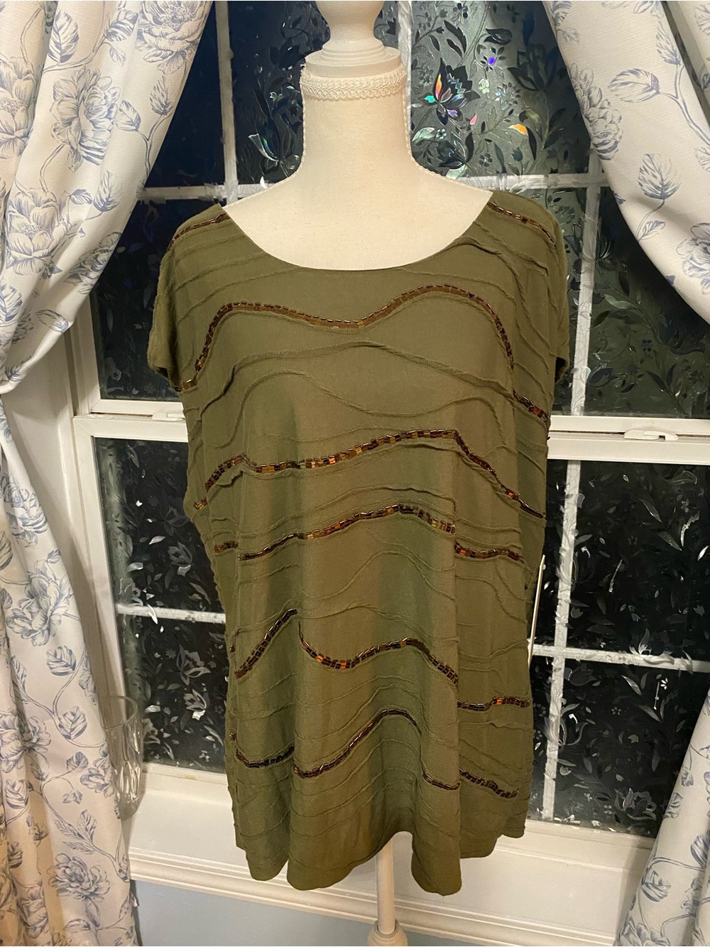 Laura Ashley Olive Green Beaded Wave Top